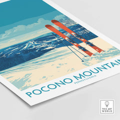 Pocono Mountains Ski Retreat Wall Art - Pennsylvania Mountain Decor featuring scenic ski slopes and vintage skis.