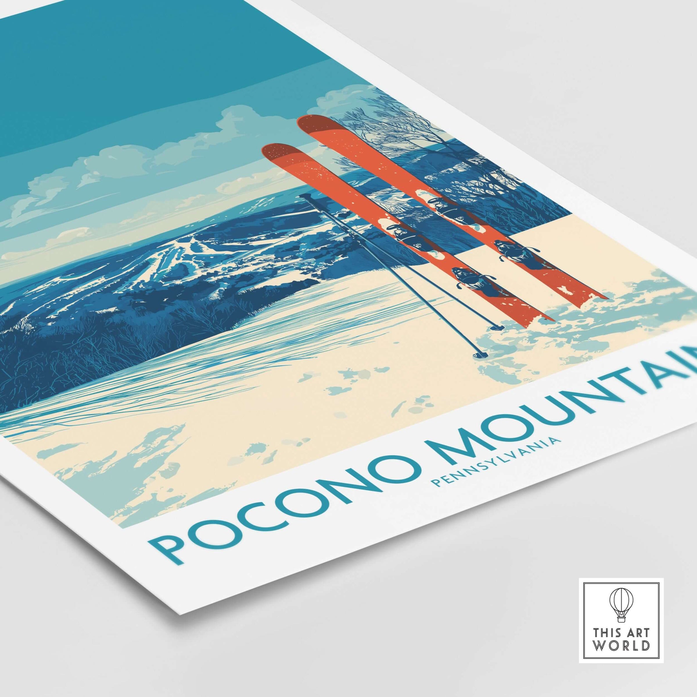 Pocono Mountains Ski Retreat Wall Art - Pennsylvania Mountain Decor featuring scenic ski slopes and vintage skis.