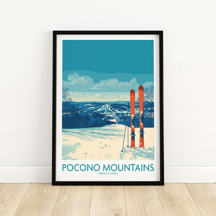 Pocono Mountains ski retreat wall art featuring vibrant skies and rustic skis in Pennsylvania decor.