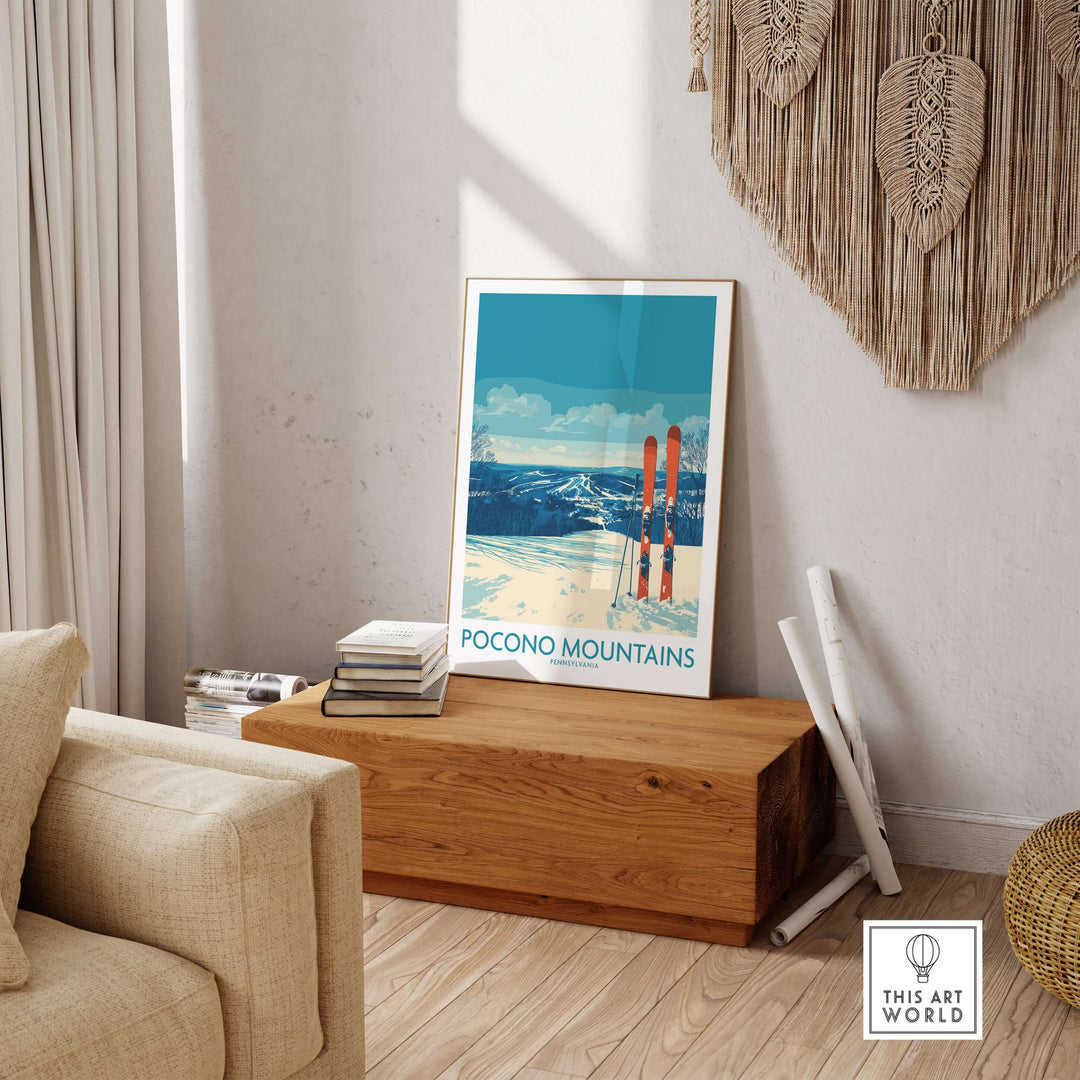 Pocono Mountains ski retreat wall art featuring scenic mountain views and vintage skis in a cozy living space.