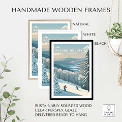 Pocono Mountains ski run poster framed in three handmade wooden options: natural, white, and black.