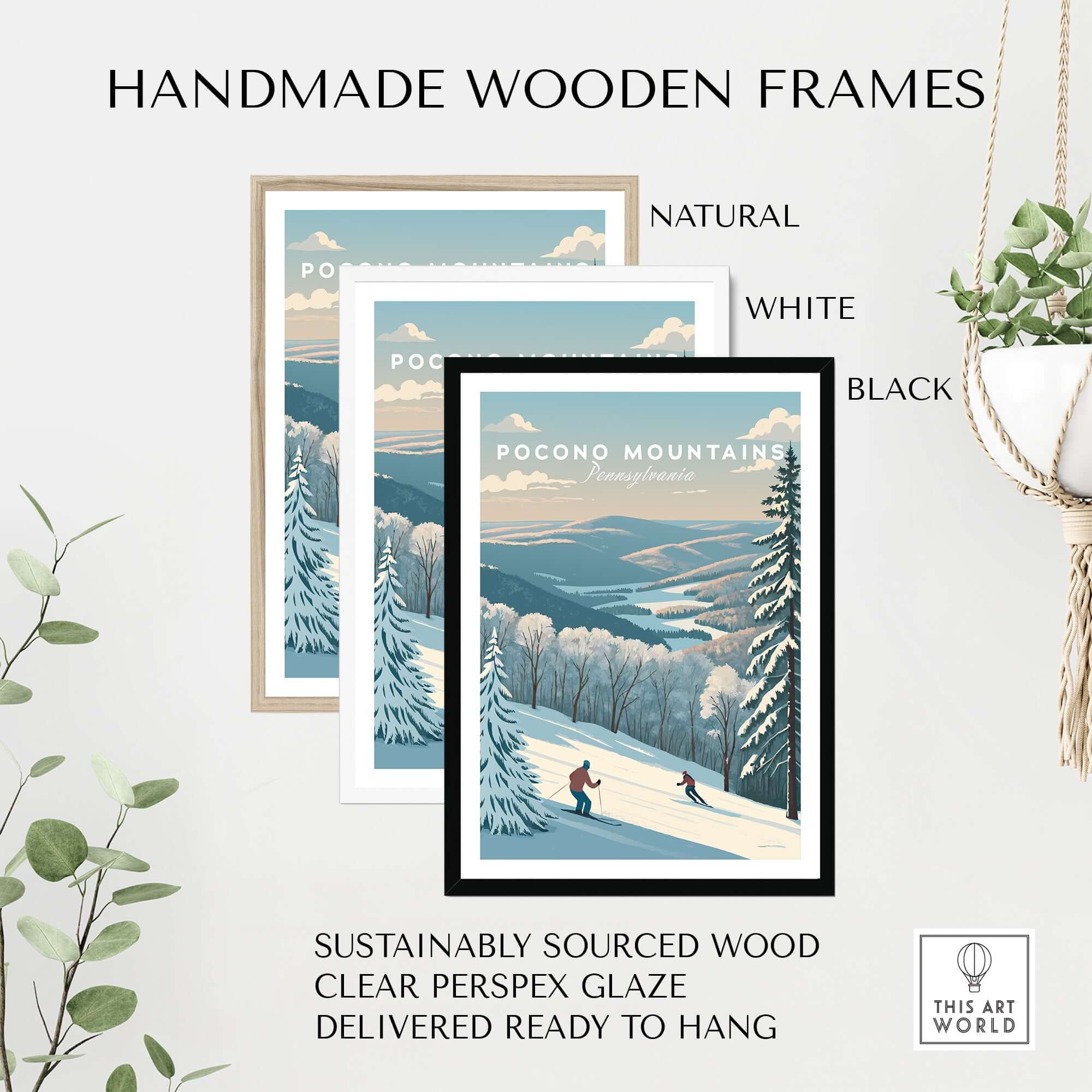 Pocono Mountains ski run poster framed in three handmade wooden options: natural, white, and black.