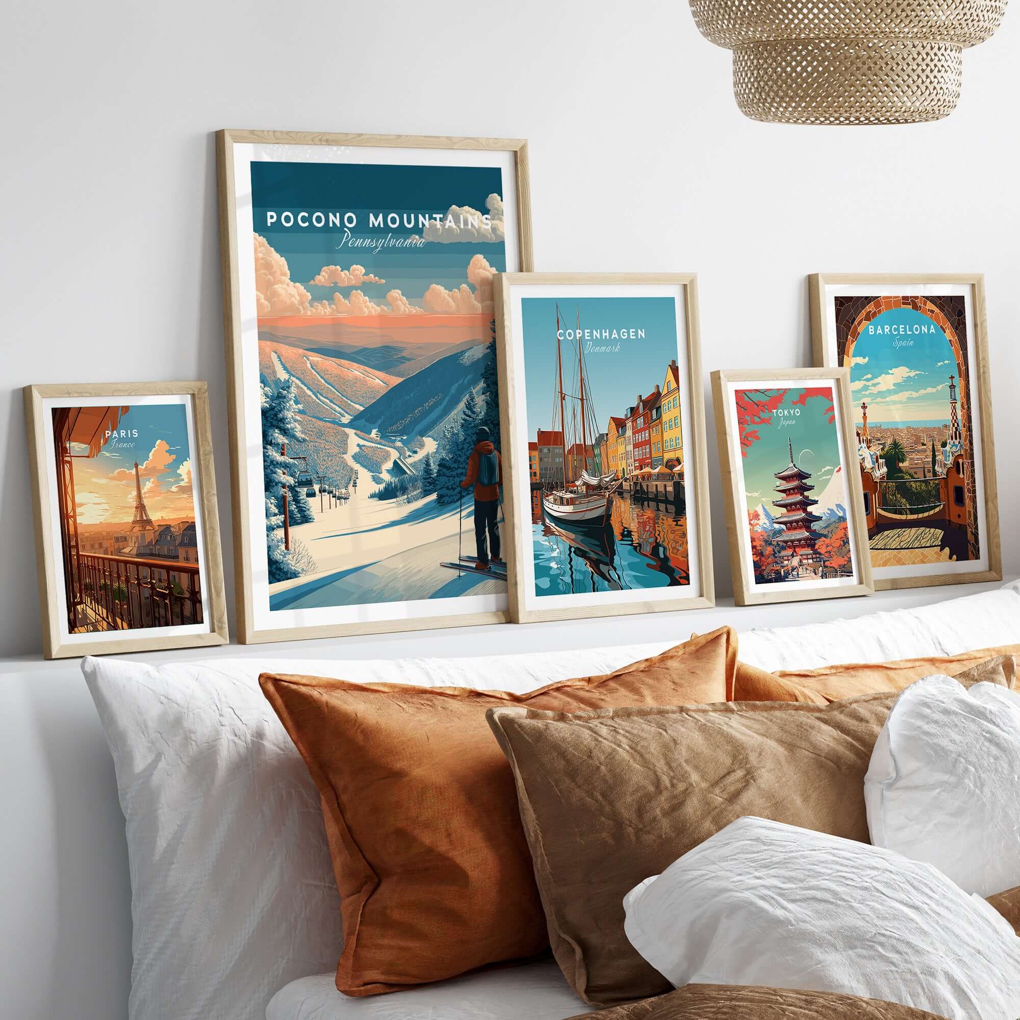 Pocono Mountains Ski Wall Art Print displayed on a cozy bed, capturing vibrant skiing scenes and travel destinations.