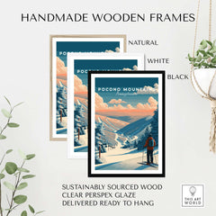 Pocono Mountains ski wall art print displayed in natural, white, and black handmade wooden frames.