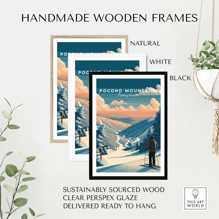 Pocono Mountains ski wall art print displayed in natural, white, and black handmade wooden frames.
