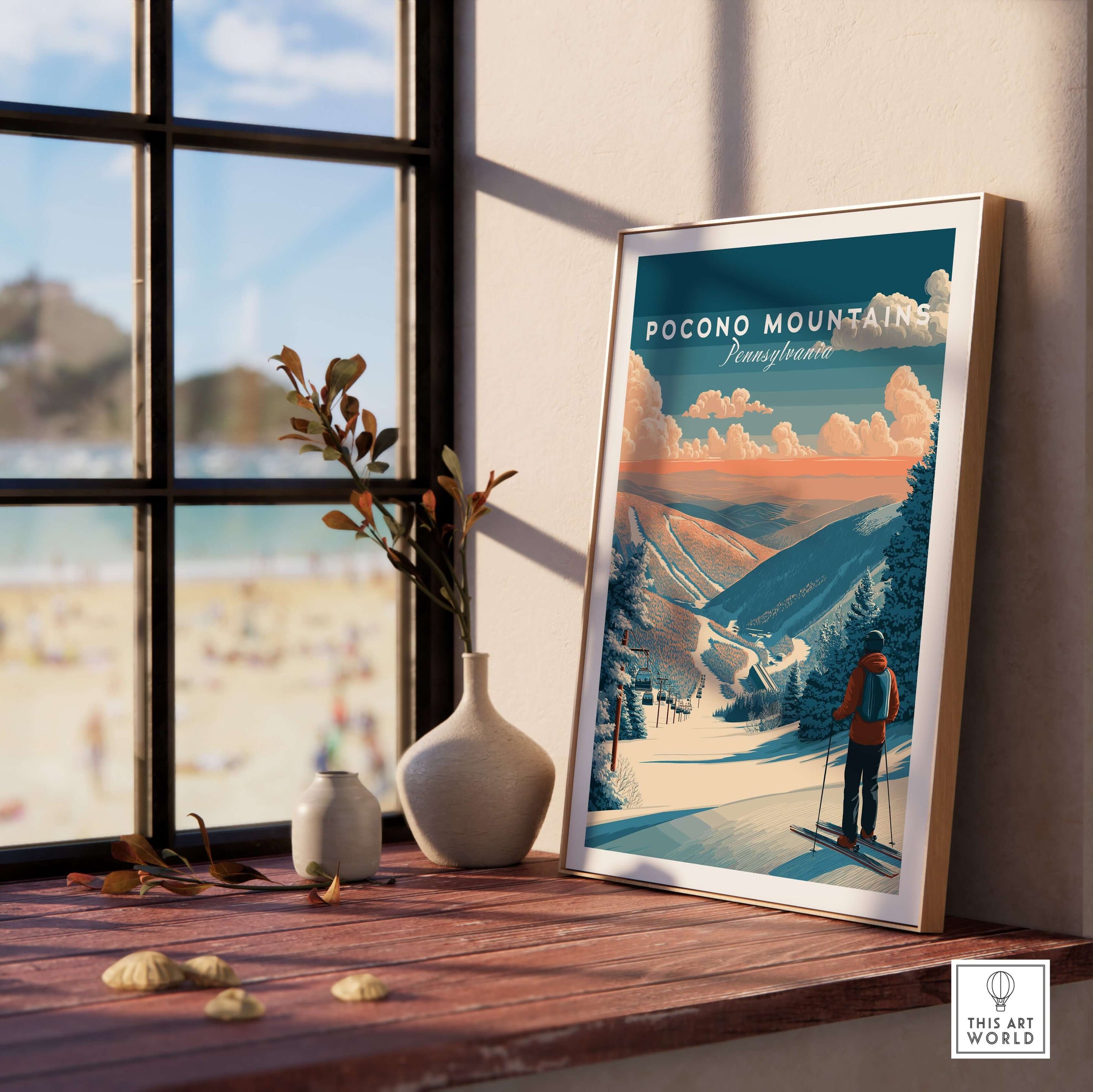 Pocono Mountains ski wall art print showcasing vibrant winter scenery and a skier, perfect for ski enthusiasts.