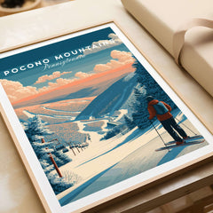 Pocono Mountains Ski Wall Art Print featuring a skier against a vibrant mountain landscape in Pennsylvania.