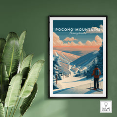 Pocono Mountains Ski Wall Art Print featuring vibrant colors and a skier enjoying a stunning mountain view.