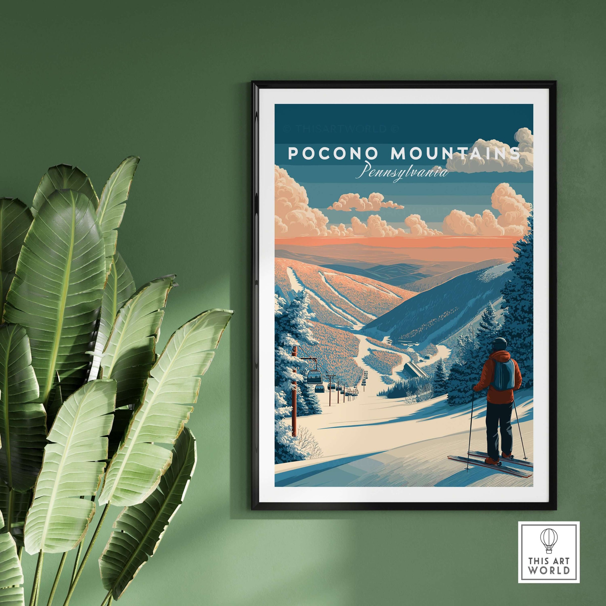 Pocono Mountains Ski Wall Art Print featuring vibrant colors and a skier enjoying a stunning mountain view.