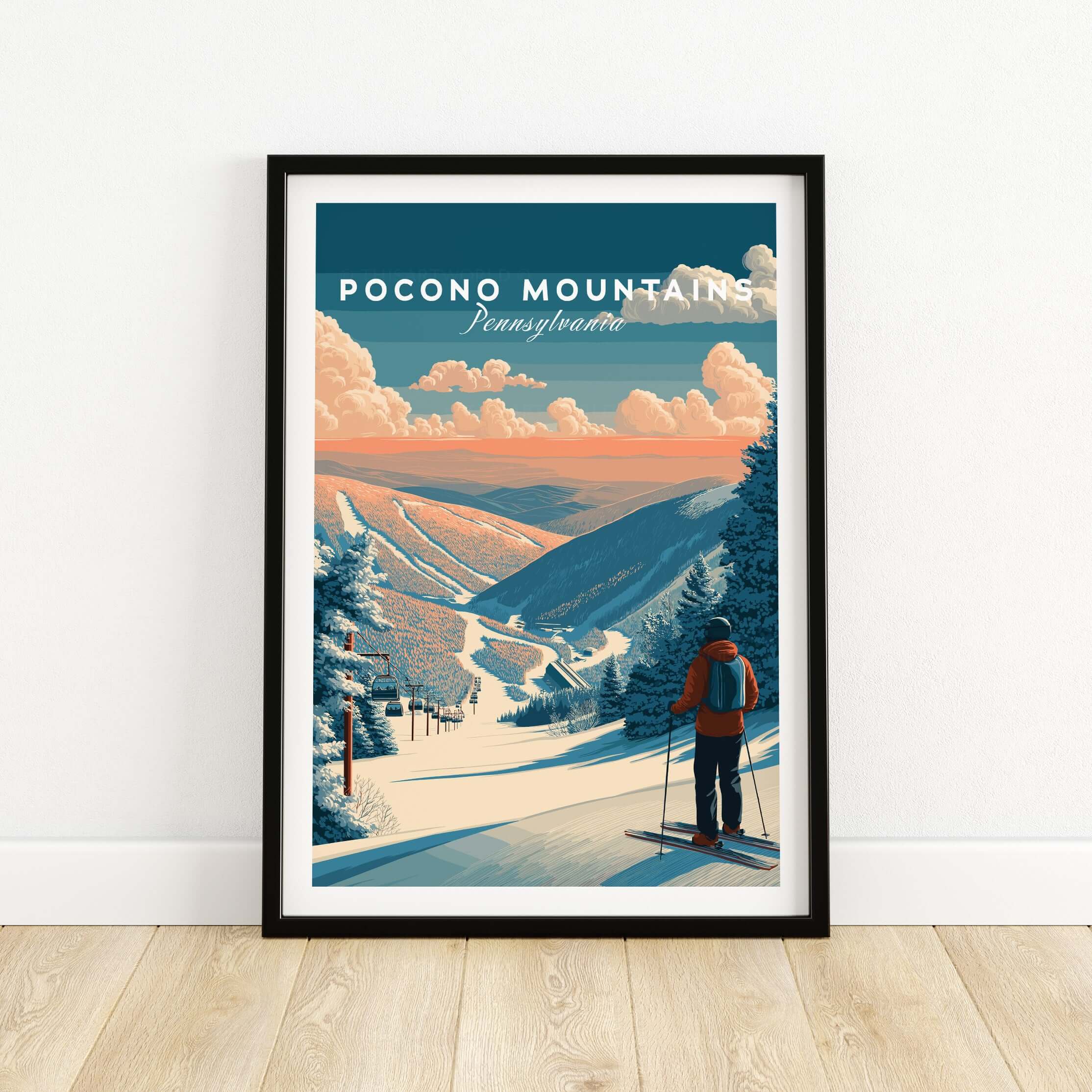 Pocono Mountains Ski Wall Art Print showcasing a skier on a snowy slope with a colorful sunset backdrop.