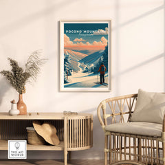 Pocono Mountains Ski Wall Art Print featuring vibrant colors and skier in a cozy interior setting.