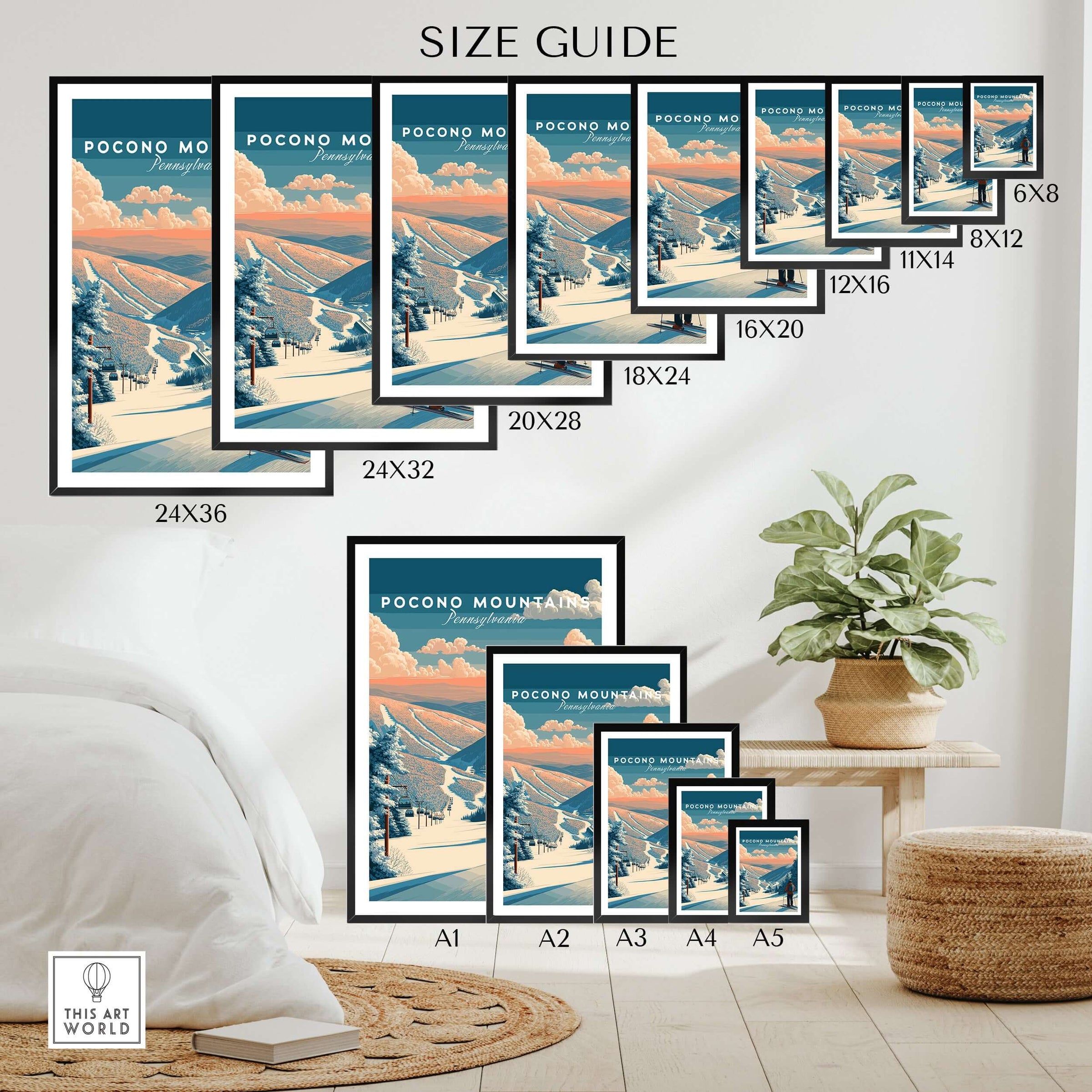 Pocono Mountains Ski Wall Art Print size guide showcasing various frame sizes and styles for home decor.