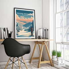 Framed Pocono Mountains Ski Wall Art Print displayed in a modern workspace, showcasing vibrant colors and ski scenery.