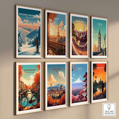 Pocono Mountains Ski Wall Art Print among vibrant cityscapes like Paris and Tokyo, perfect for ski enthusiasts.