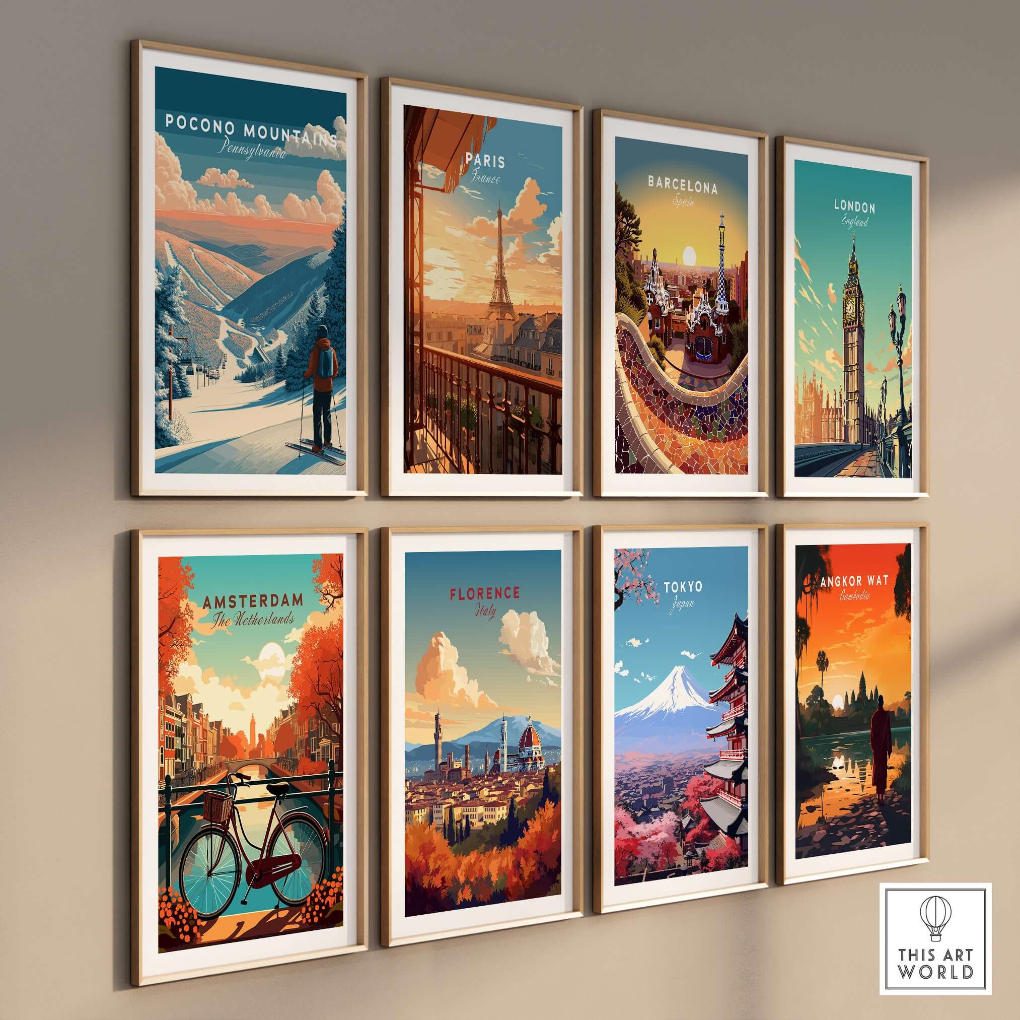 Pocono Mountains Ski Wall Art Print among vibrant cityscapes like Paris and Tokyo, perfect for ski enthusiasts.