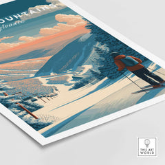 Pocono Mountains Ski Wall Art Print showcasing a skier amid vibrant mountain scenery and ski slopes in Pennsylvania.
