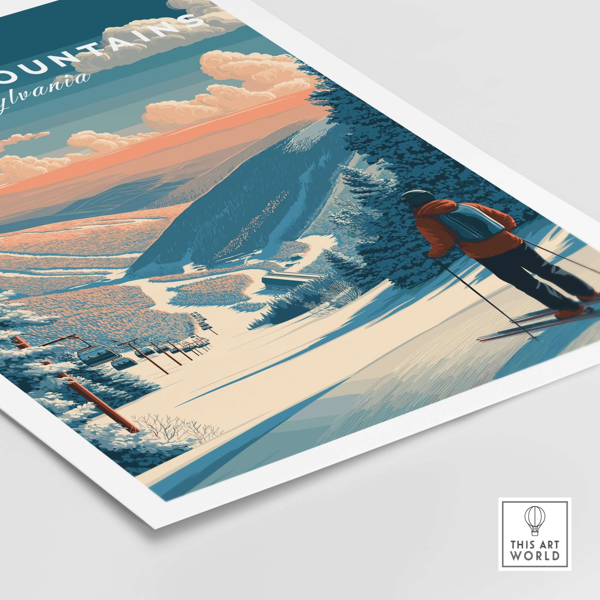Pocono Mountains Ski Wall Art Print showcasing a skier amid vibrant mountain scenery and ski slopes in Pennsylvania.