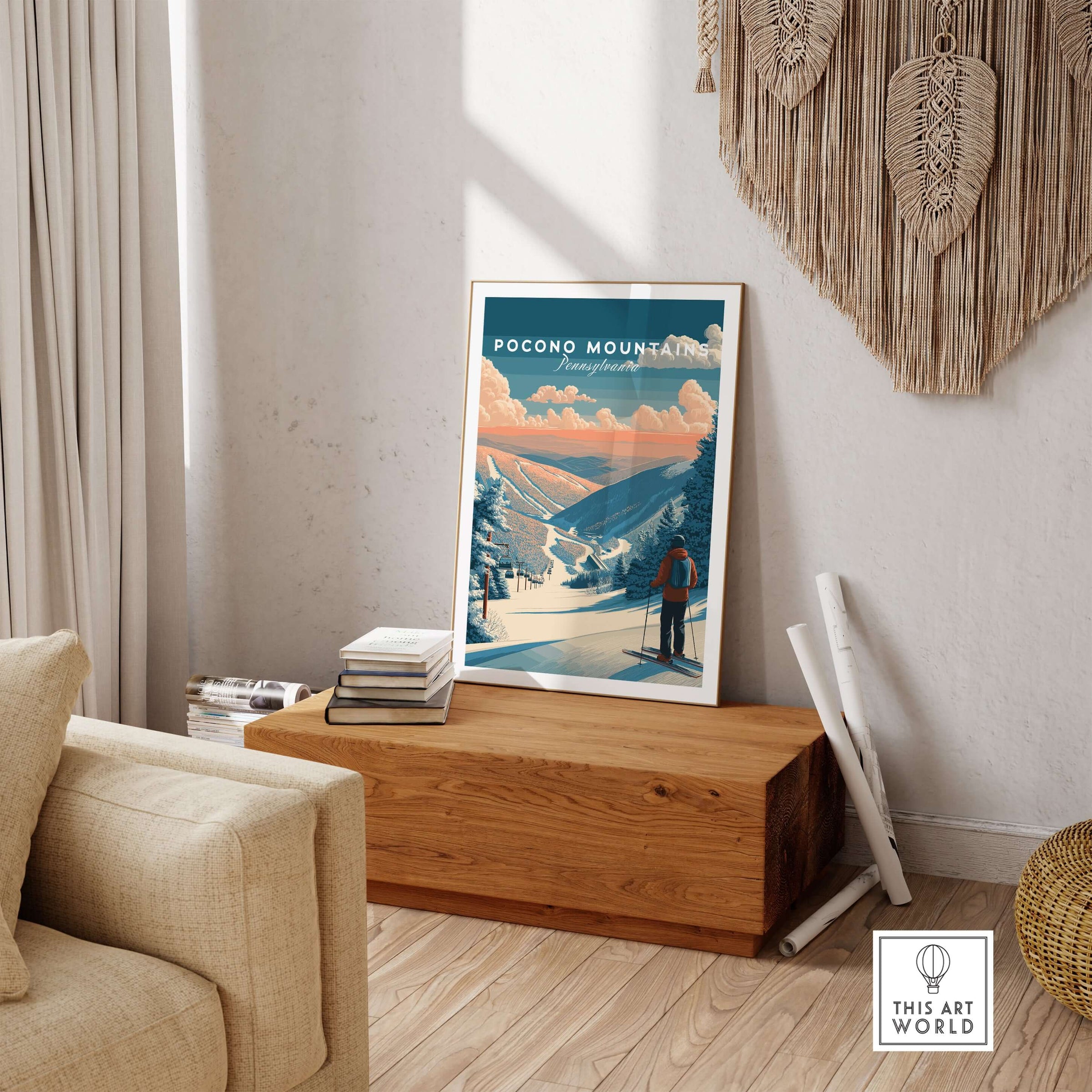 Pocono Mountains Ski Wall Art Print showcasing vibrant ski scene in cozy interior setting.