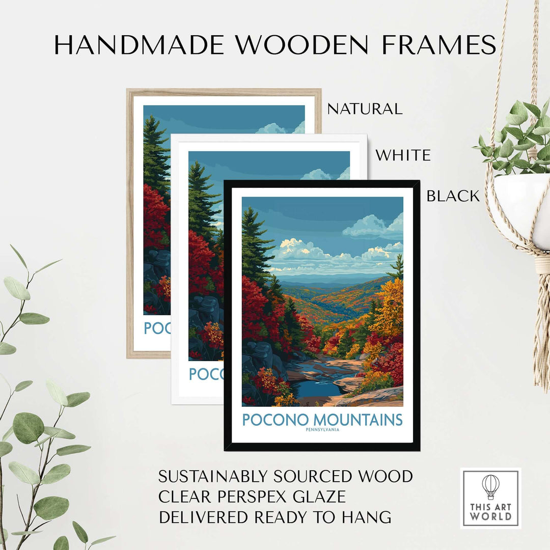 Three handmade wooden frames in natural, white, and black showcasing Pocono Mountains wall art print.