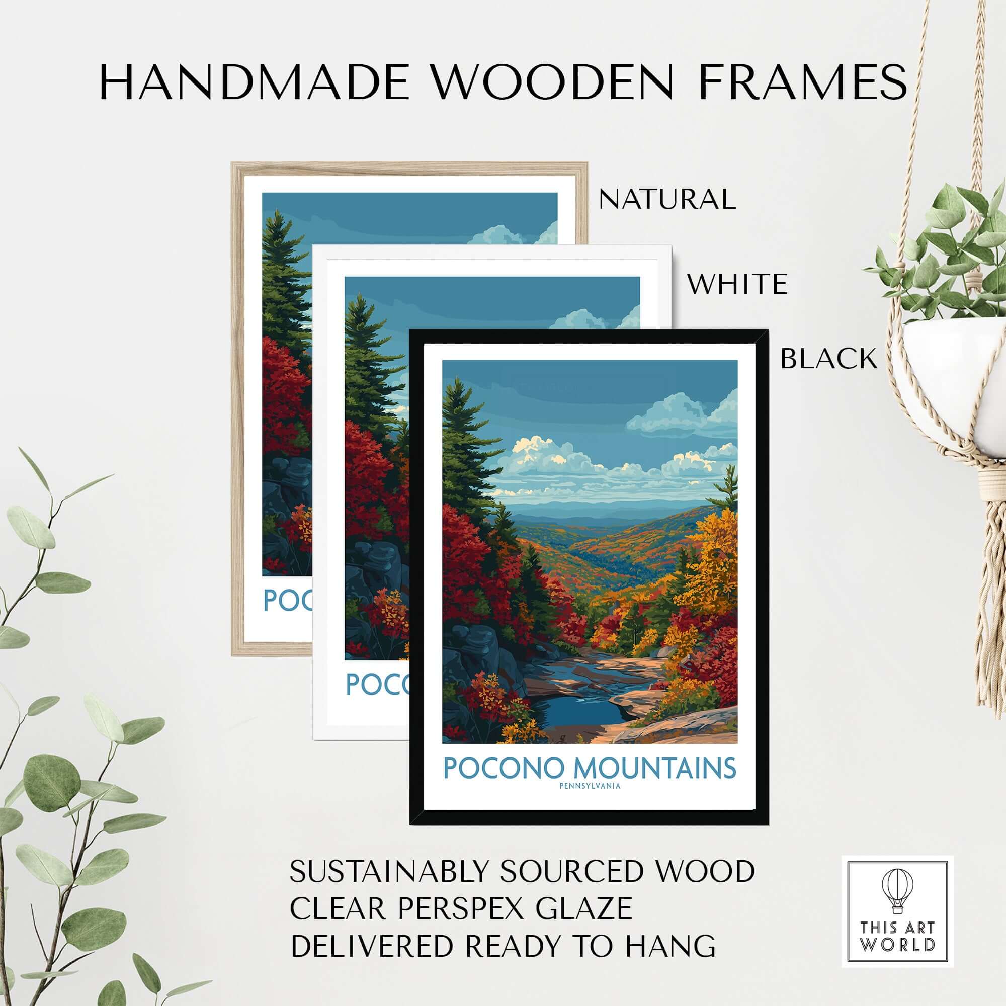 Pocono Mountains Wall Art Print - Pennsylvania Travel Decor with handmade wooden frames in natural, white, and black.
