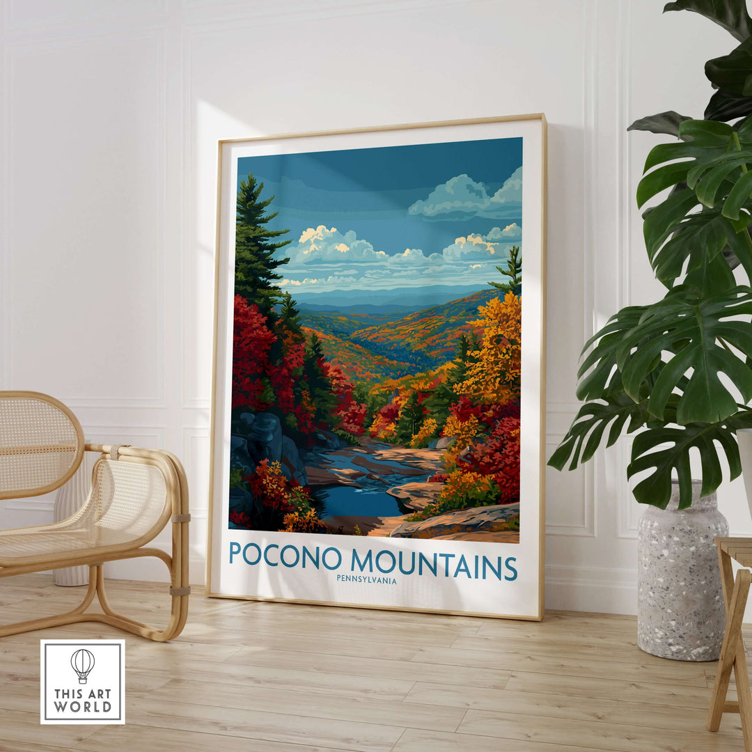 Pocono Mountains wall art print showcasing vibrant fall foliage and scenic views, perfect for Pennsylvania travel decor.