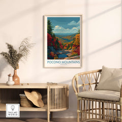 Pocono Mountains Wall Art Print - Pennsylvania Travel Decor displayed in a modern living room setting.
