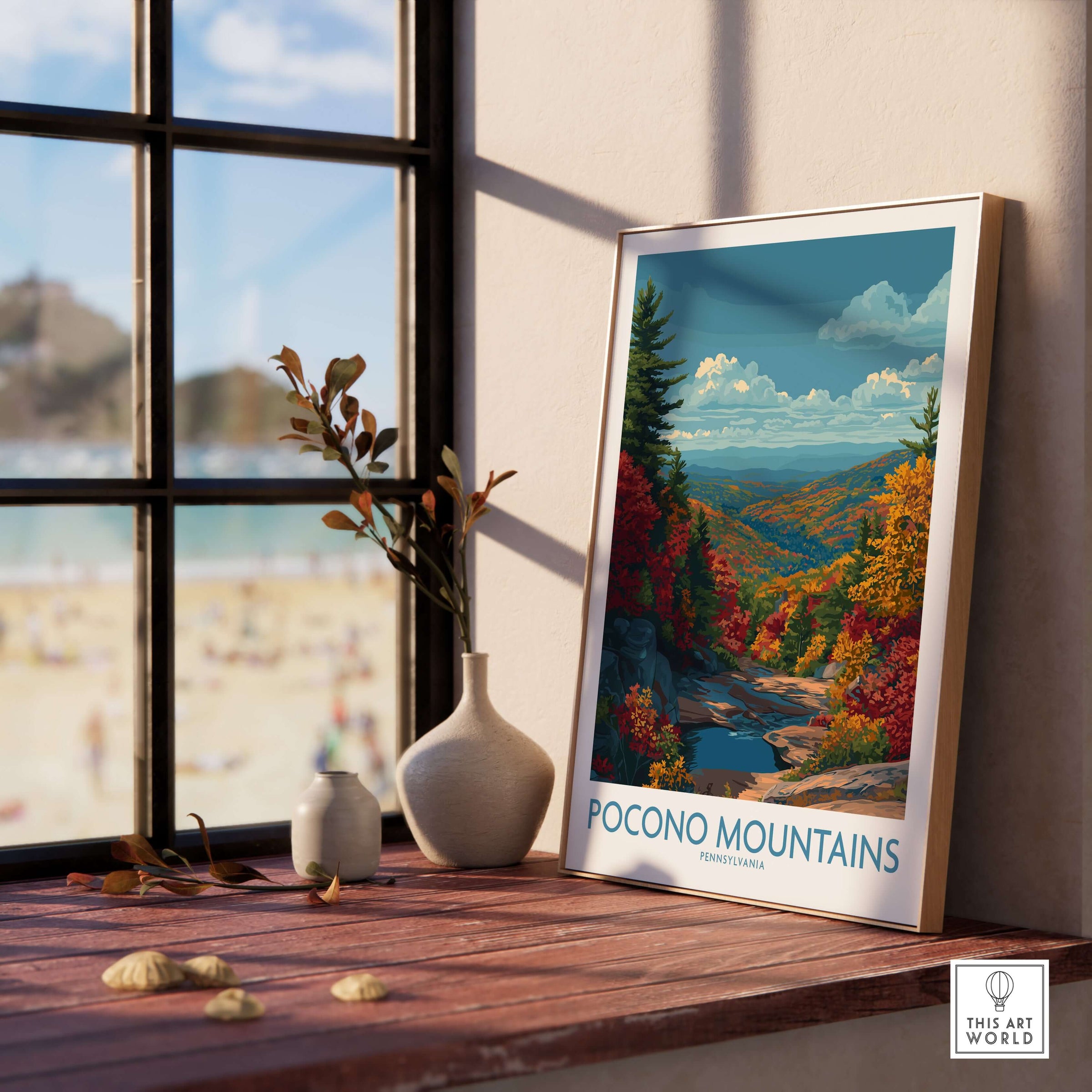 Pocono Mountains Wall Art Print - Pennsylvania Travel Decor displayed in a home setting with a scenic view.