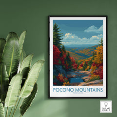 Pocono Mountains Wall Art Print - Pennsylvania Travel Decor featuring vibrant fall scenery and framed art on green wall.