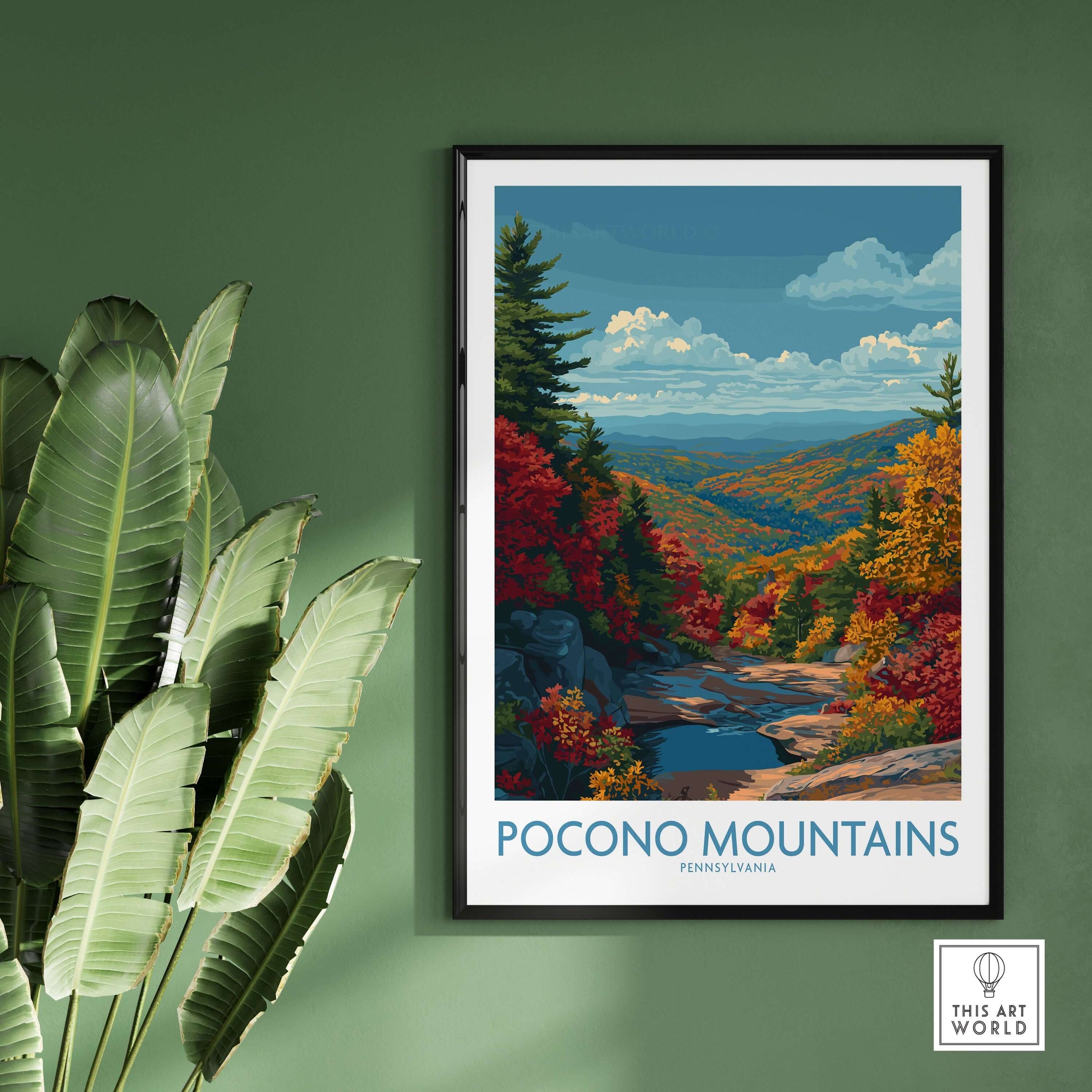 Pocono Mountains Wall Art Print - Pennsylvania Travel Decor featuring vibrant fall scenery and framed art on green wall.