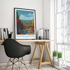 Pocono Mountains Wall Art Print - Pennsylvania Travel Decor displayed in a modern home office setting.