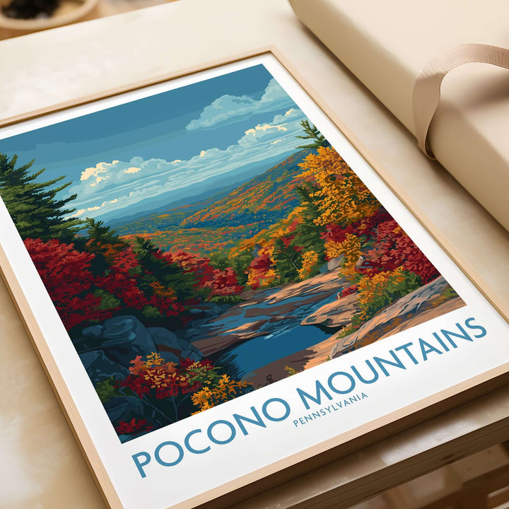 Pocono Mountains wall art print showcasing vibrant autumn colors and scenic landscape, perfect for Pennsylvania travel decor.