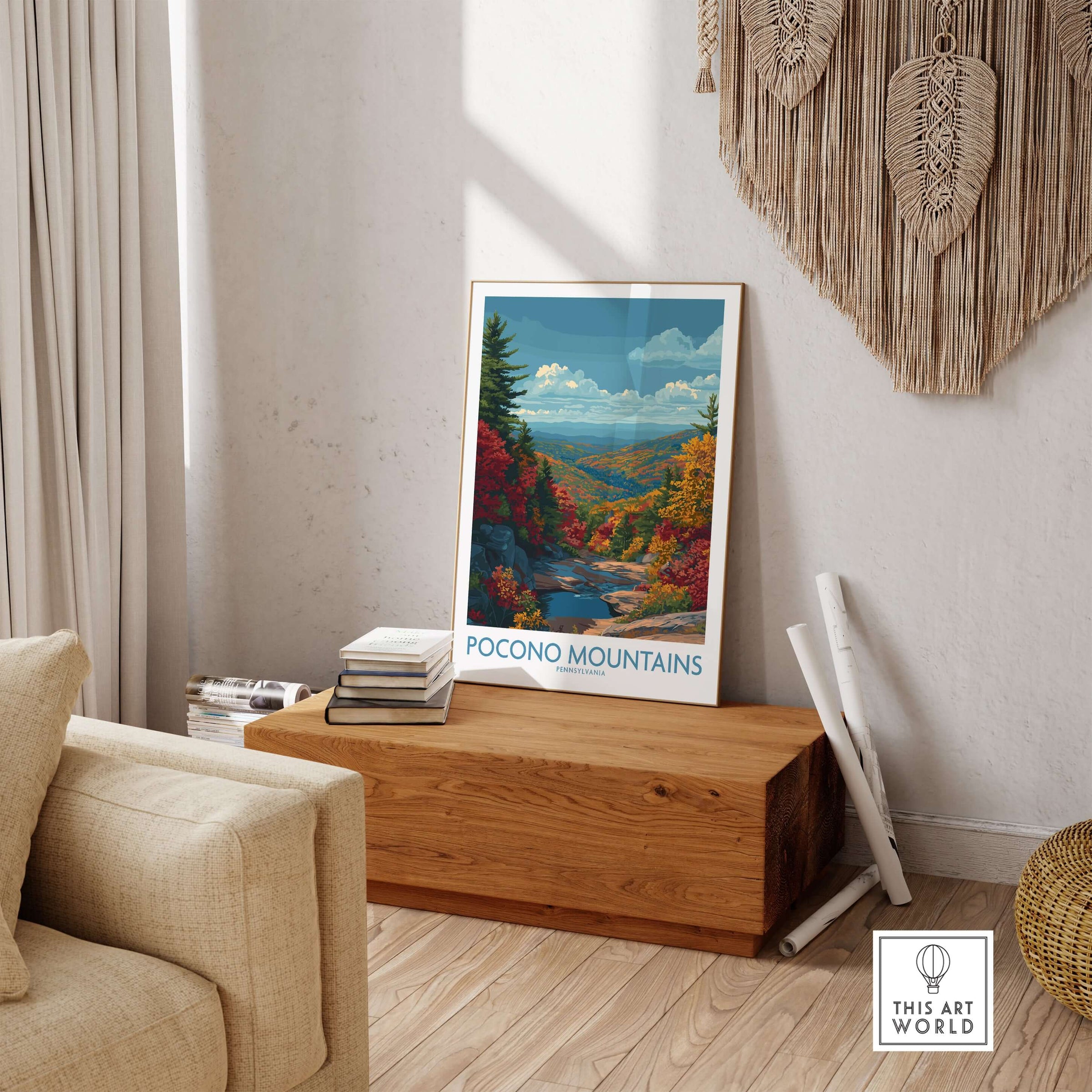 Pocono Mountains Wall Art Print - Pennsylvania Travel Decor displayed in a cozy living room setting.