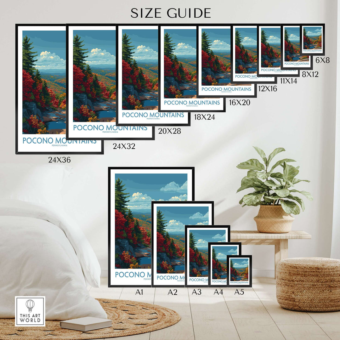 Pocono Mountains wall art print size guide showcasing various frame dimensions and decor styles for home.
