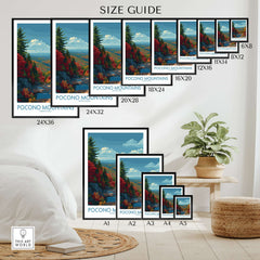 Pocono Mountains Wall Art Print - Pennsylvania Travel Decor size guide showing various frame sizes.