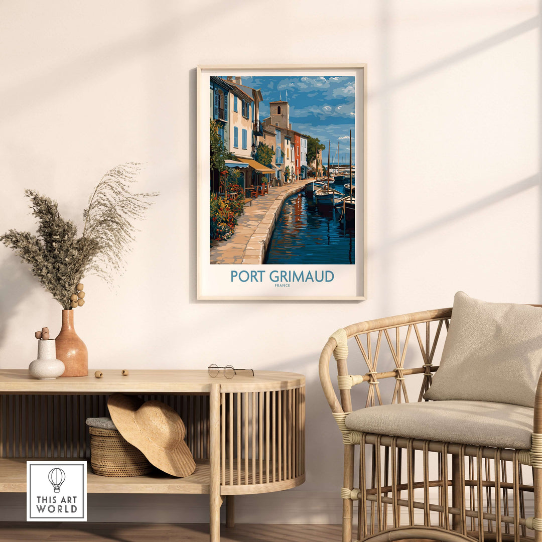 Port Grimaud Marina poster showcasing vibrant waterfront buildings and yachts in a stylish coastal interior setting.