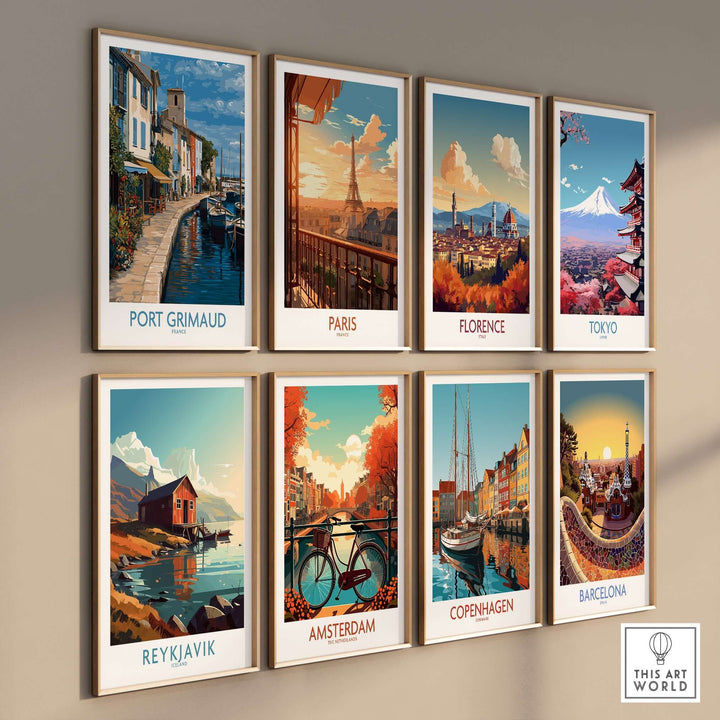 Gallery of travel posters featuring iconic cities like Port Grimaud, Paris, Florence, Tokyo, and more.
