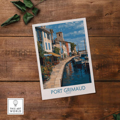 Port Grimaud Marina Poster - French Riviera Art Print - Coastal Wall Art displayed on wooden background.