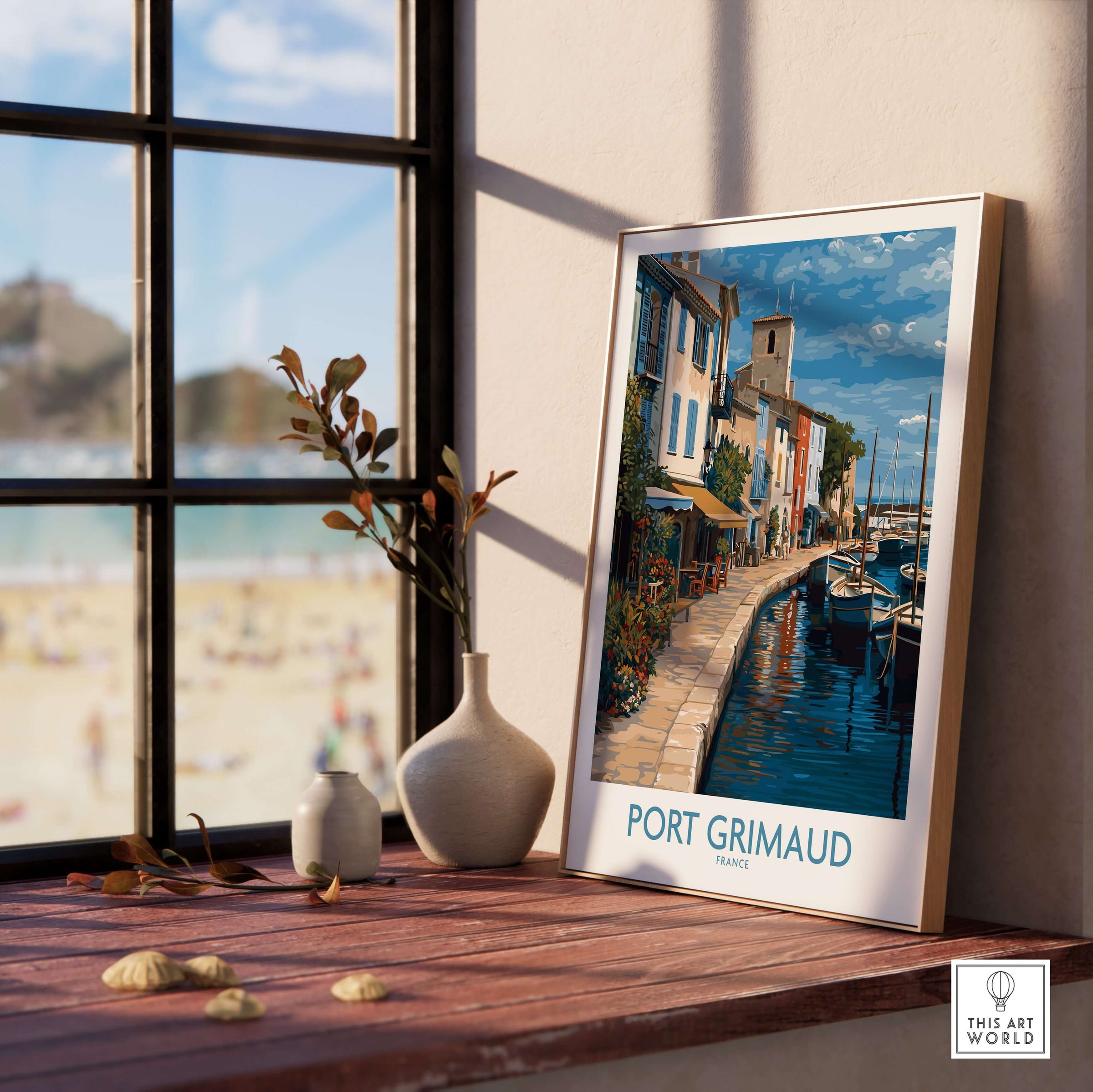 Port Grimaud Marina Poster - French Riviera Art Print - Coastal Wall Art displayed in a stylish interior setting.