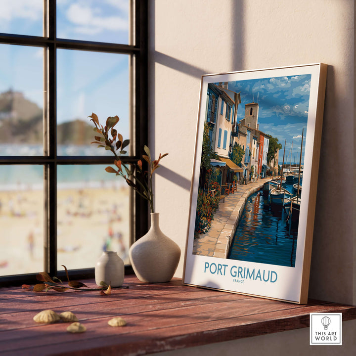 Port Grimaud Marina poster displayed indoors, featuring yachts and vibrant buildings by the French Riviera.