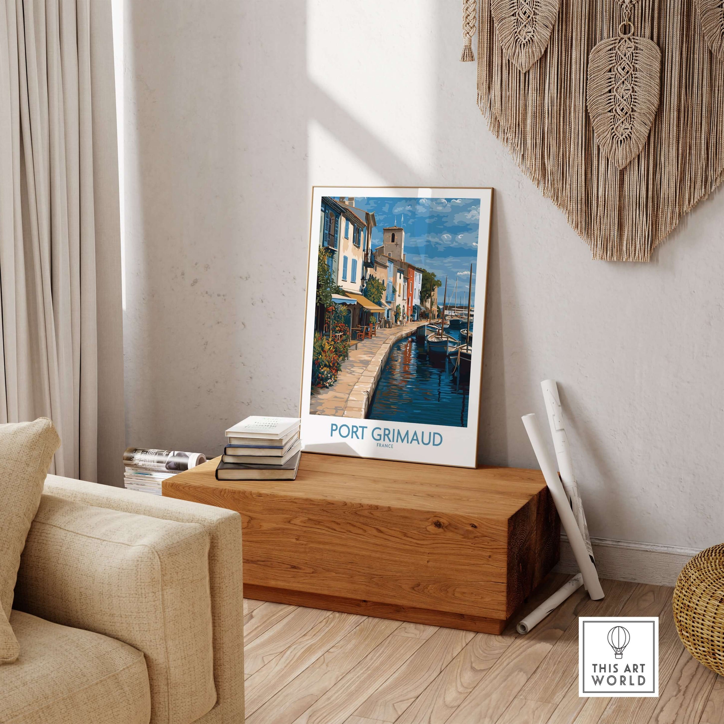 Port Grimaud Marina Poster - French Riviera Art Print - Coastal Wall Art showcased in a stylish living room setting.