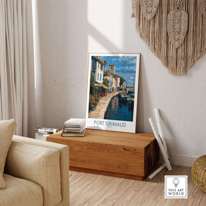 Port Grimaud Marina poster displayed in a stylish coastal living room, capturing the charm of the French Riviera.