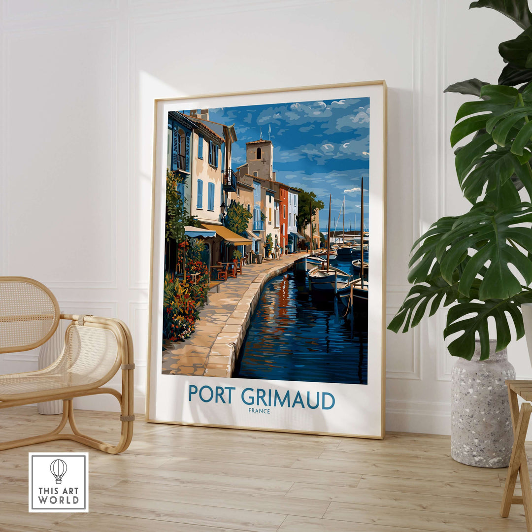 Port Grimaud Marina poster showcasing yachts and vibrant buildings in a serene coastal scene, perfect for wall art.