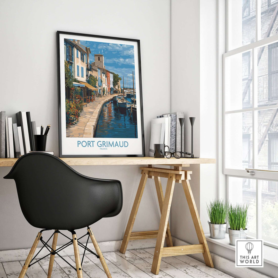 Port Grimaud Marina poster in a stylish workspace, showcasing coastal art inspired by the French Riviera.