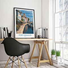 Port Grimaud Marina Poster - French Riviera Art Print - Coastal Wall Art displayed in a stylish home office setting.