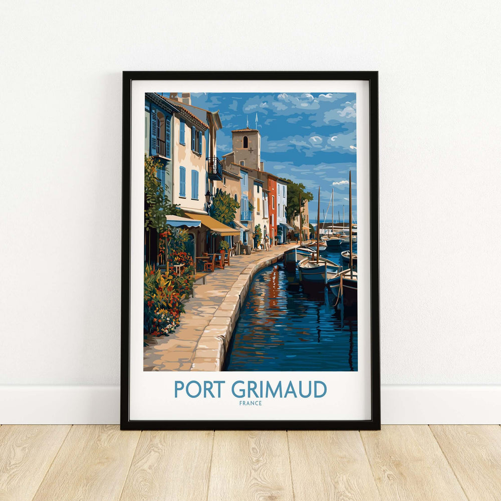 Port Grimaud Marina poster showcasing serene waterfront, yachts, and colorful buildings on the French Riviera.