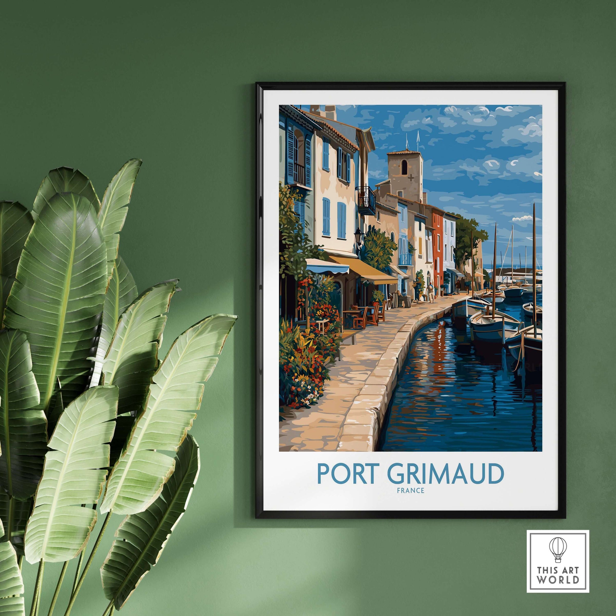 Port Grimaud Marina Poster - French Riviera Art Print - Coastal Wall Art displayed in a stylish interior with green wall.