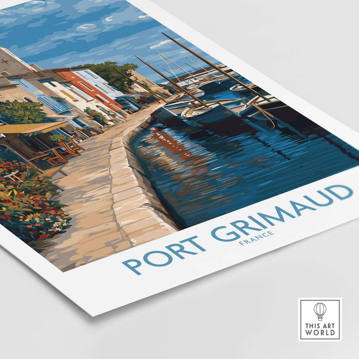 Port Grimaud Marina poster featuring yachts and colorful waterfront buildings, capturing the elegance of the French Riviera.