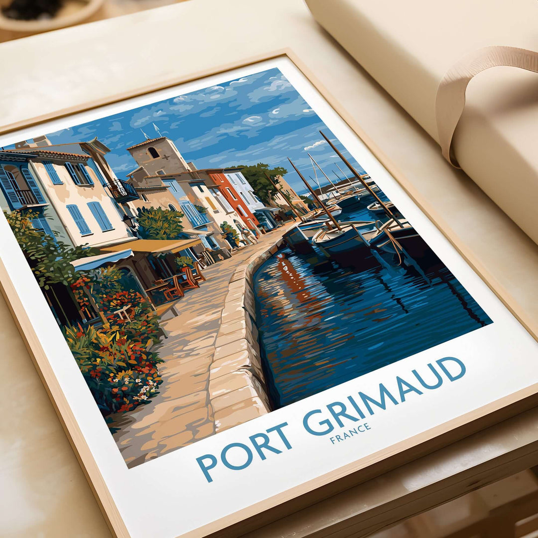 Port Grimaud Marina poster featuring charming waterfront buildings and yachts in a serene coastal scene.