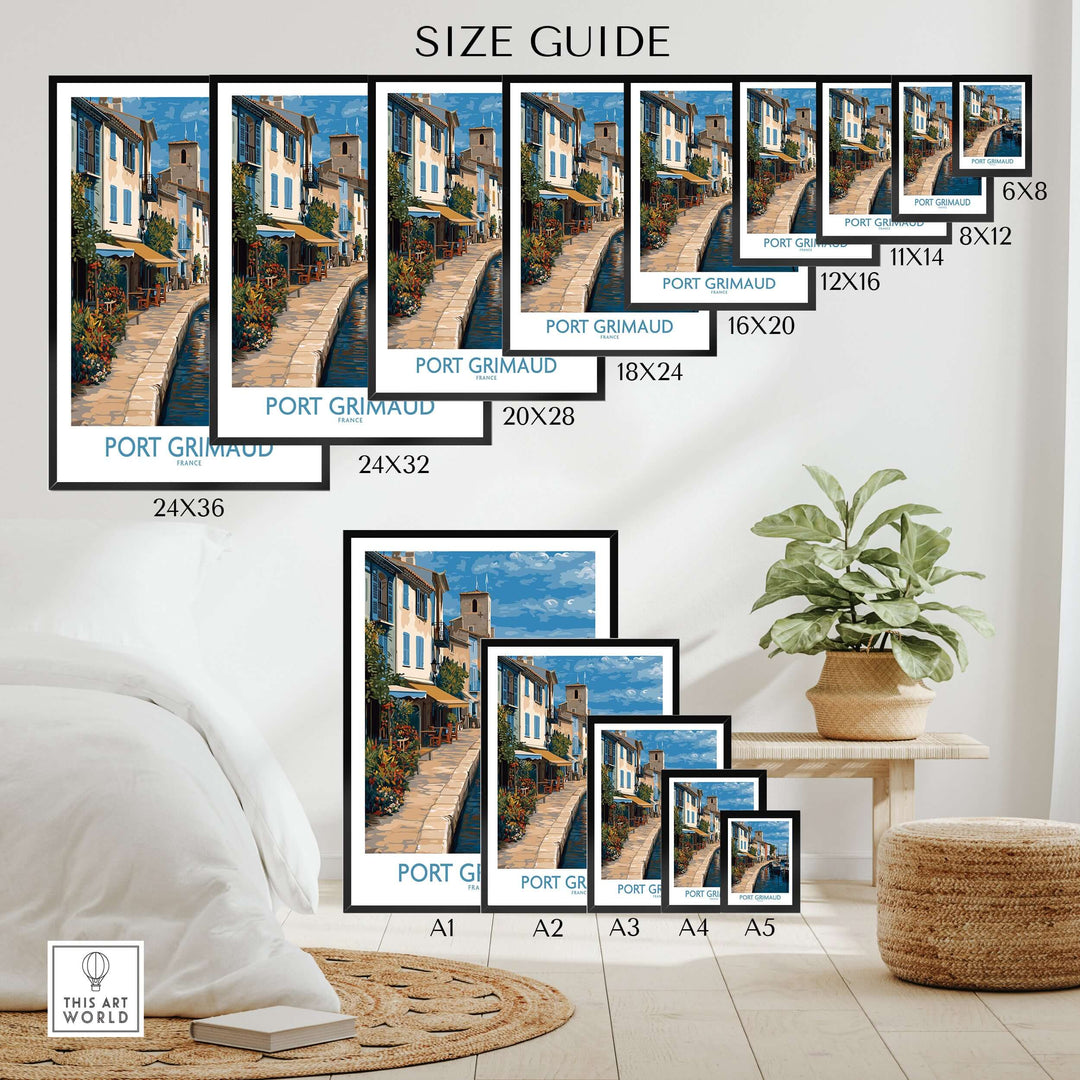 Size guide for Port Grimaud Marina Poster showing various frame sizes and a stylish interior setting with plants.