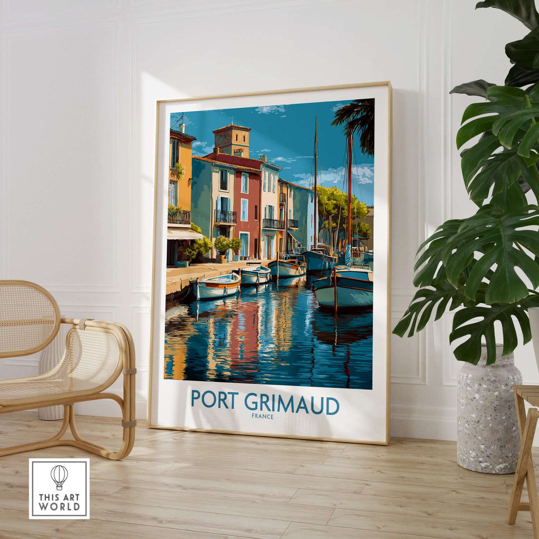 Port Grimaud poster showcasing colorful buildings and boats, perfect French Riviera wall art for Mediterranean decor.
